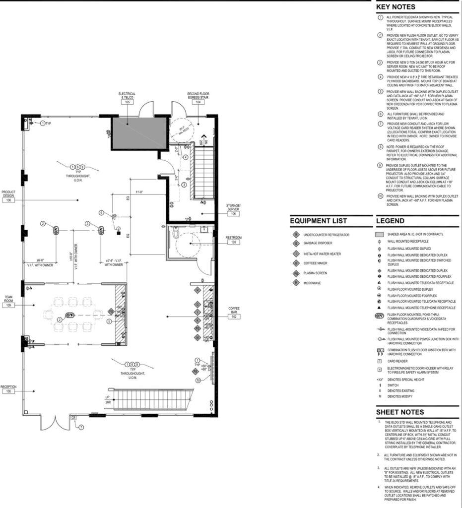 First-floor architectural floor plan for 9930 Irvine Center Drive, showing the lobby, glass-walled conference room, and open-plenum creative office space.
