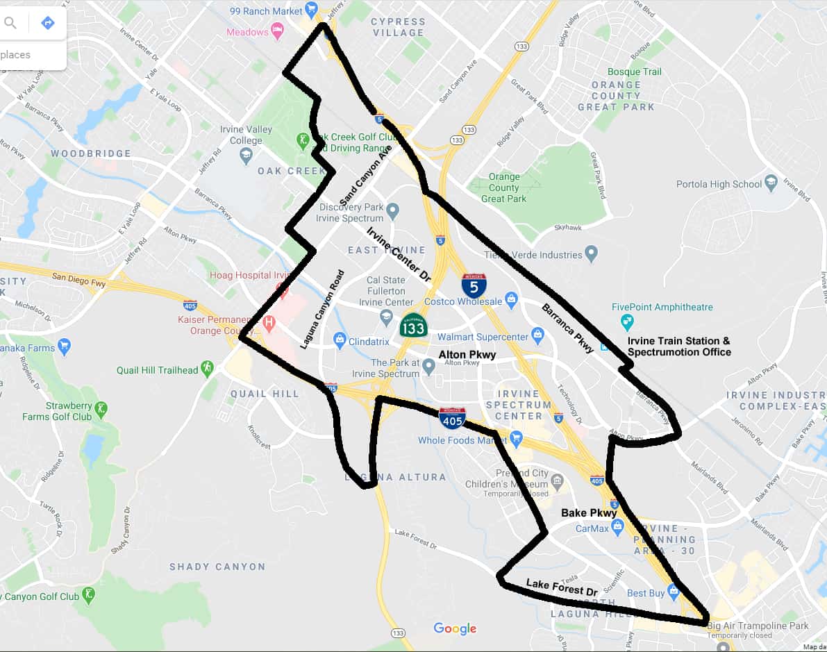 Strategic **Irvine Spectrum office location** for 9930 Irvine Center Drive, featuring immediate freeway access and proximity to the Irvine Spectrum Center.
